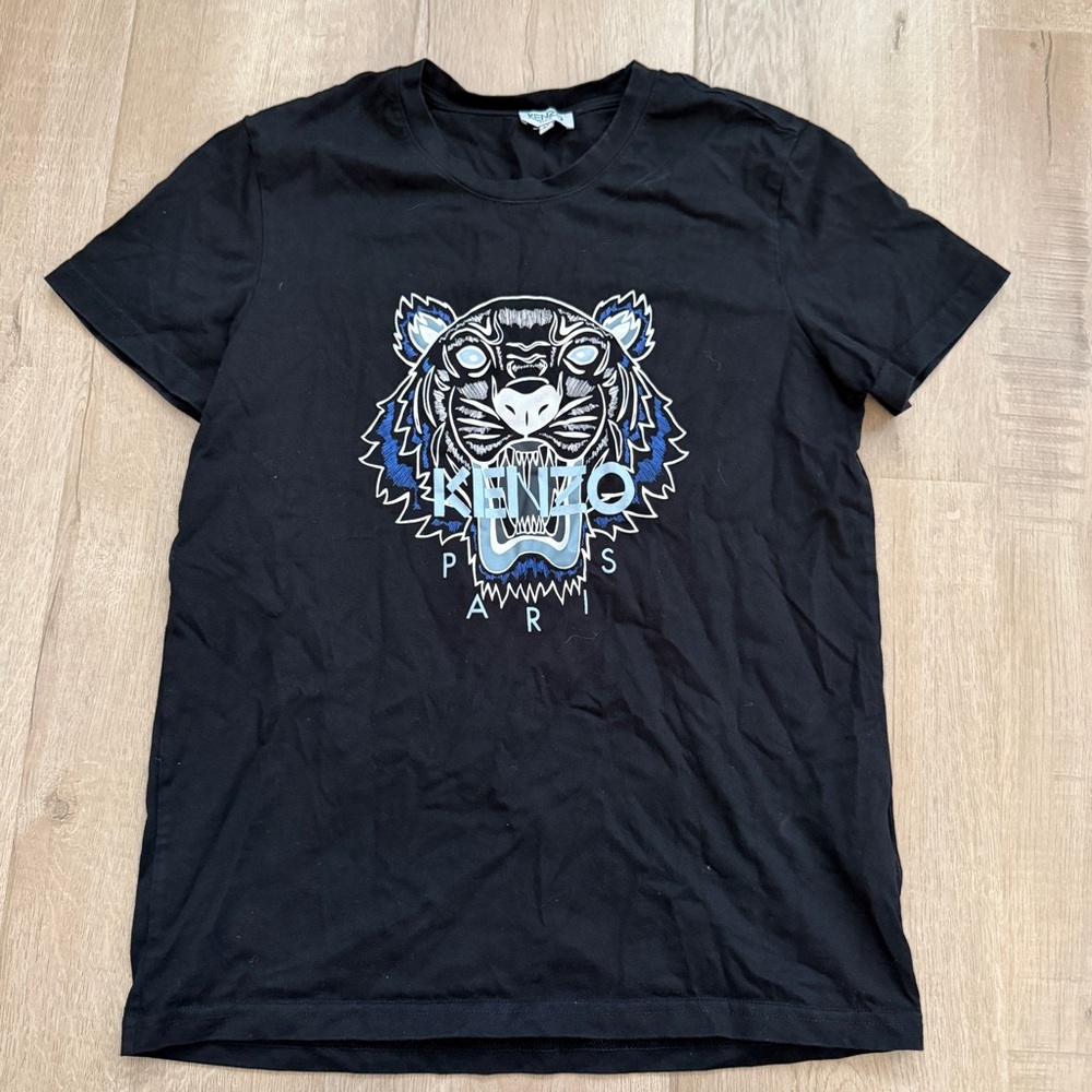 Kenzo Paris Blue Tiger Logo Black Short Sleeve T Shirt Tee Top Women’s Size M
